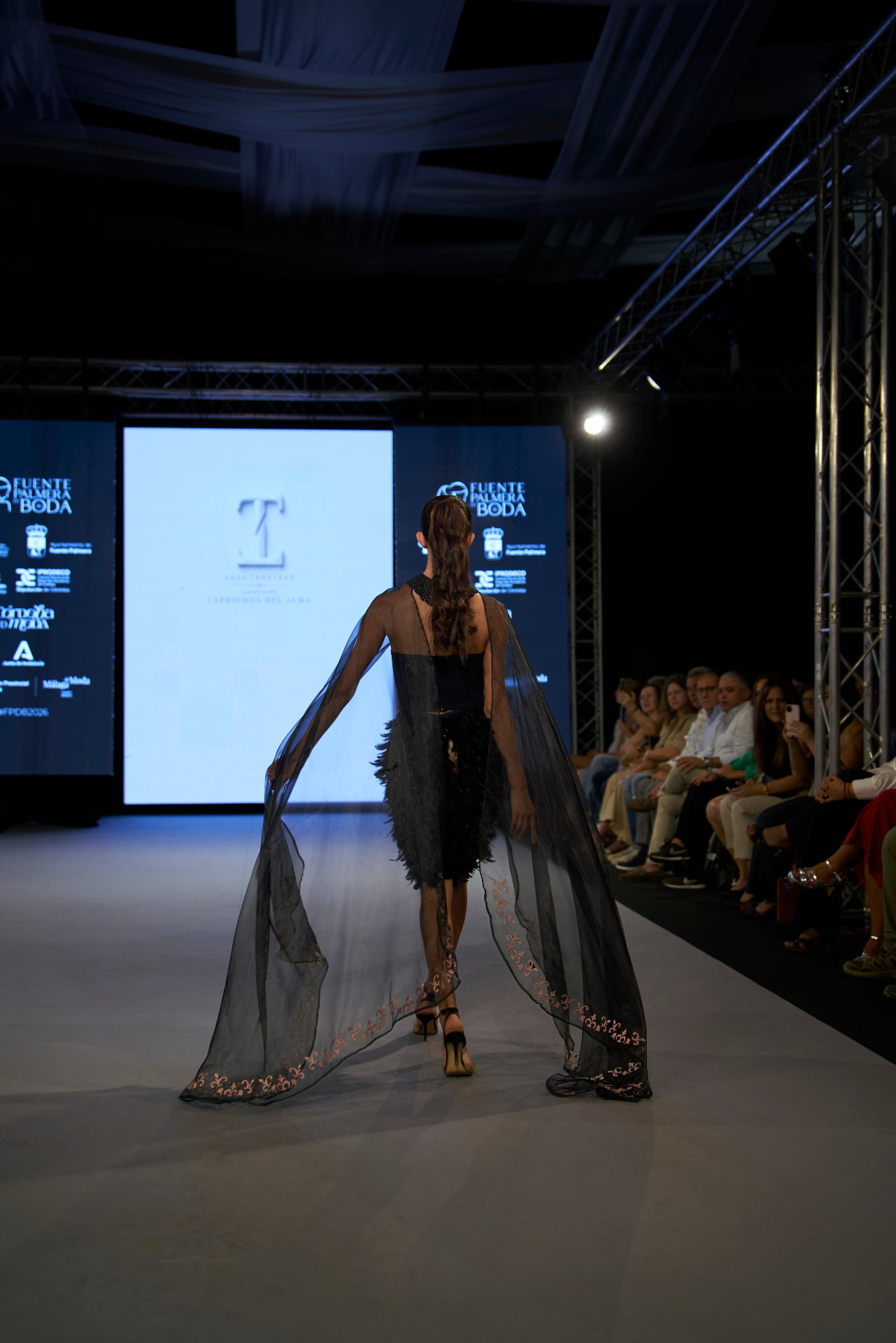 Capa de organza negra con bordados, de espaldas