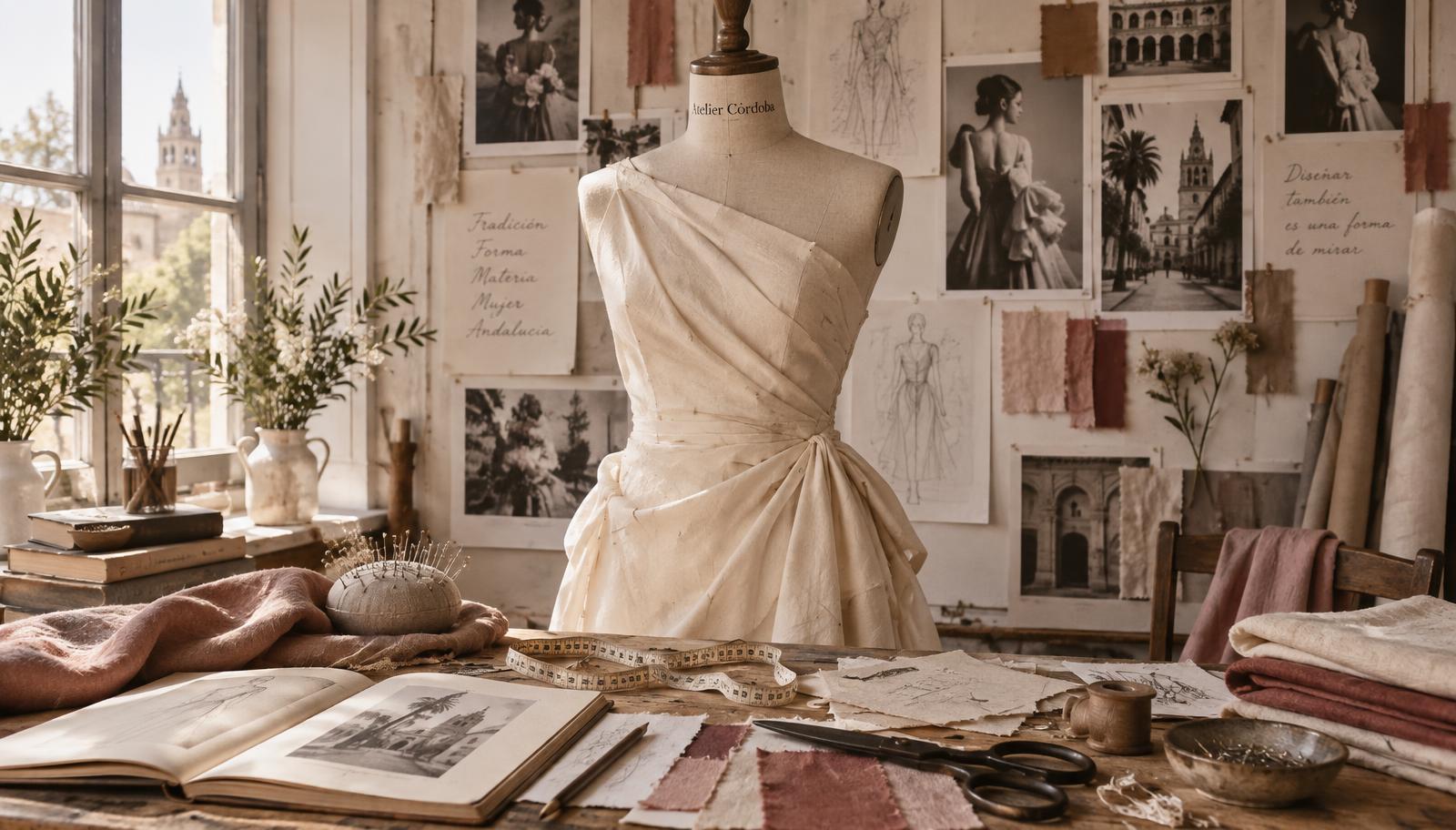 Moodboard de dirección creativa con maniquí, bocetos y materiales en el atelier de Casa Tran Tran