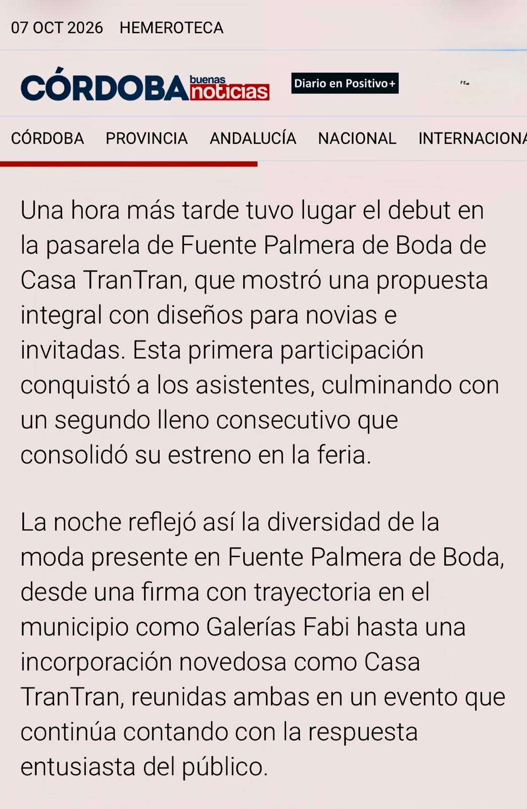 Texto de Córdoba Buenas Noticias sobre el debut de Casa TranTran en Fuente Palmera de Boda.