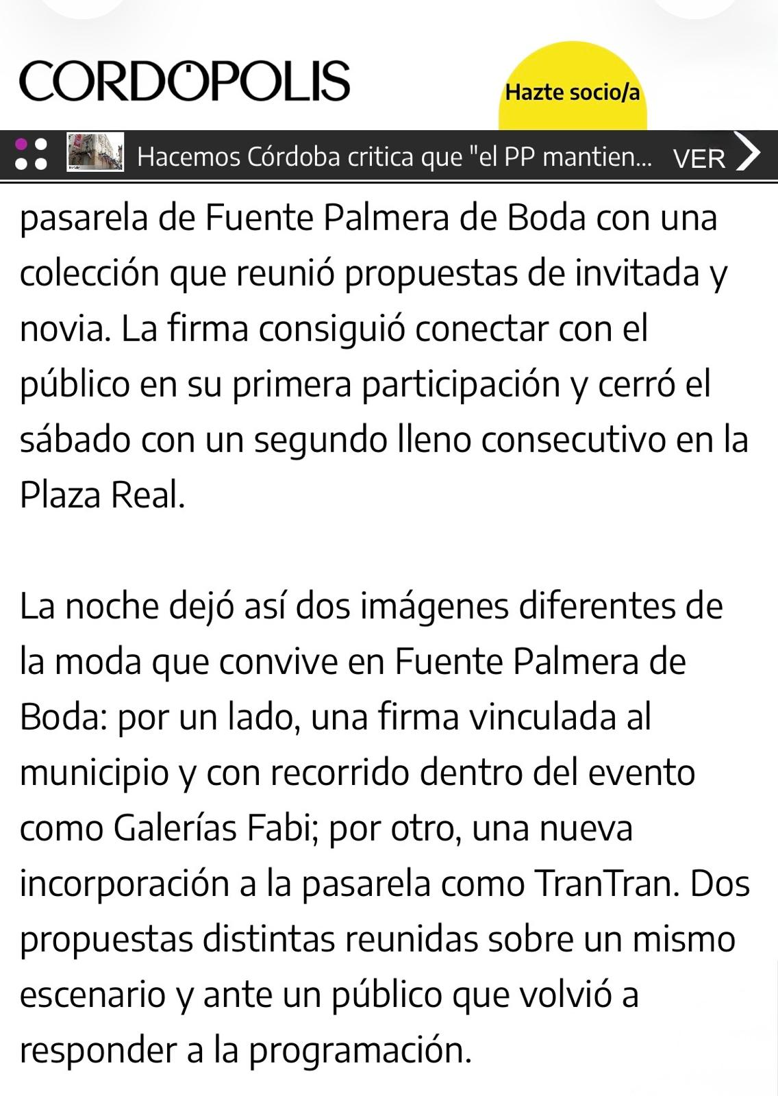Artículo de Cordópolis sobre el debut de Casa TranTran en la pasarela de Fuente Palmera de Boda.