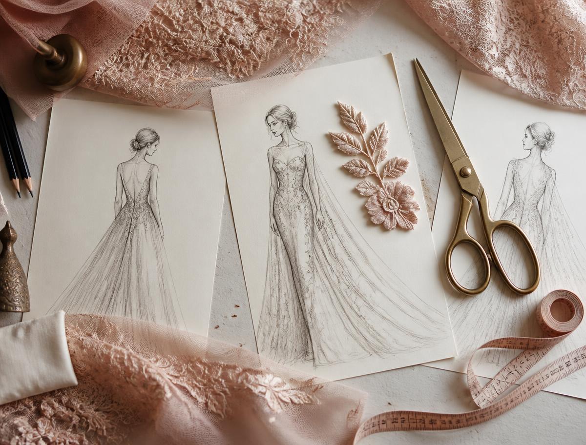 Bocetos, tejidos y herramientas sobre la mesa del atelier