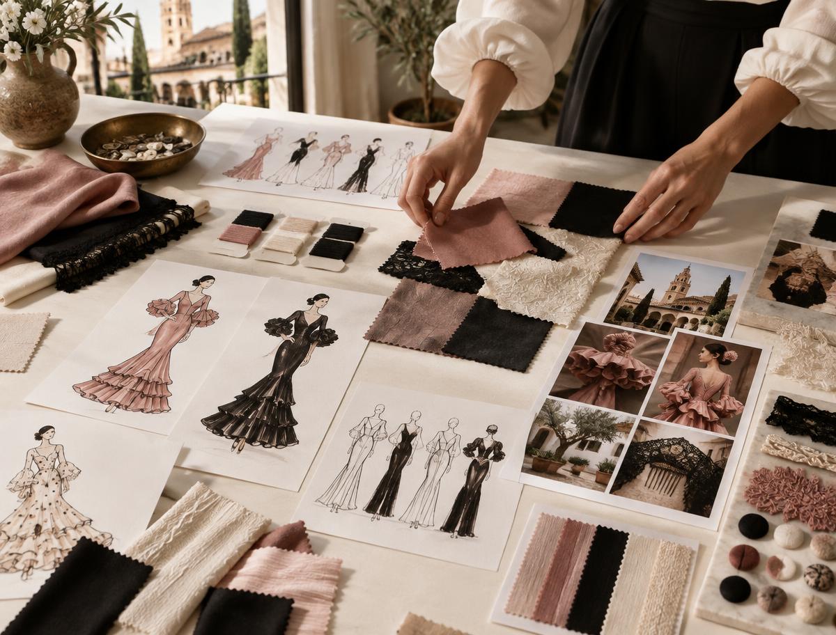 Mesa creativa con diseños y tejidos para dirección creativa de moda